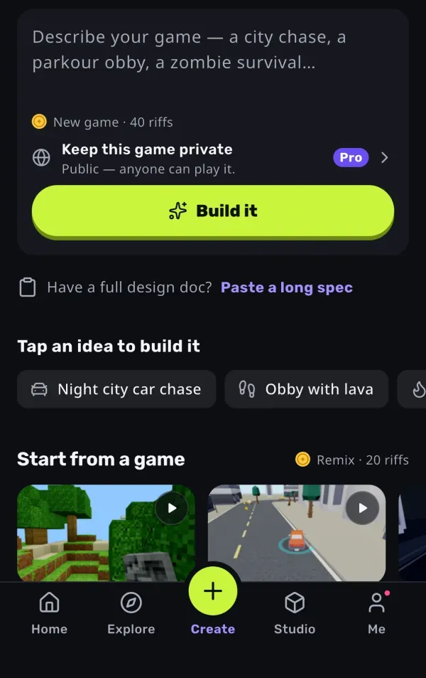 Riffgame app, Create tab: a box to describe your game, the price “New game · 40 riffs”, a Build it button, and ideas to tap such as “Night city car chase”