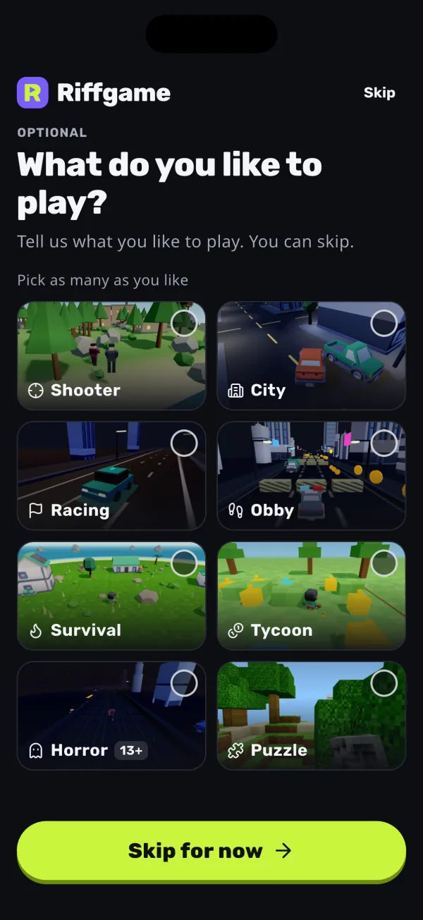 Riffgame asks “What do you like to play?” with genres such as Shooter, City, Racing, Obby, Survival, Tycoon, Horror and Puzzle, and a Skip for now button