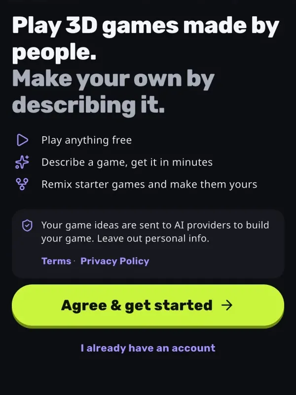 Riffgame welcome screen: “Play 3D games made by people. Make your own by describing it.”, a note that game ideas are sent to AI providers, and an Agree & get started button