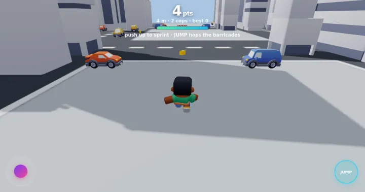 City Chase: a runner on a grey city street between cars, with a points counter and a jump button