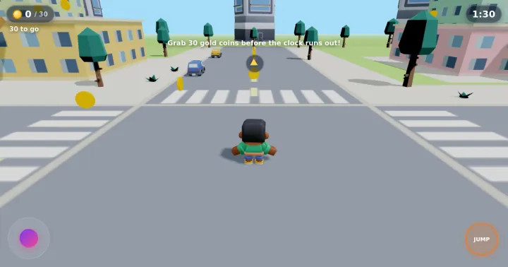 City Coin Rush: a character on a sunny low-poly street, with a coin counter at 0 of 30 and a 1:30 timer