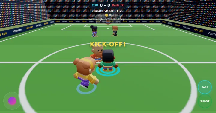 Football Cup Manager: kick-off on a green pitch in a stadium, with Pass and Shoot buttons