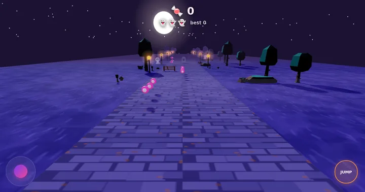 Graveyard Ghost Run: a cobbled path through a moonlit graveyard with lanterns, tombstones and glowing candy, a candy counter and a jump button