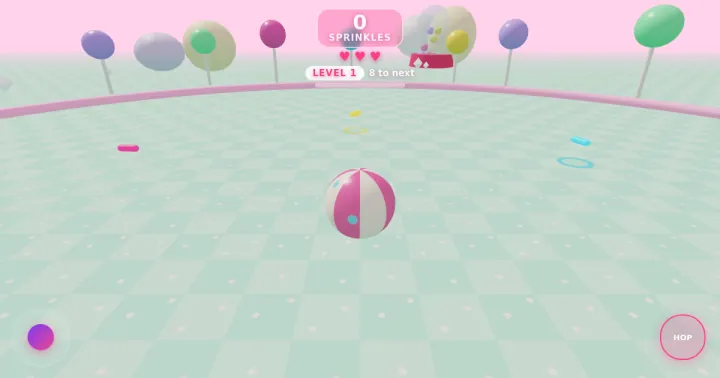 Gumball Run: a striped gumball on a pastel candy floor with lollipop trees