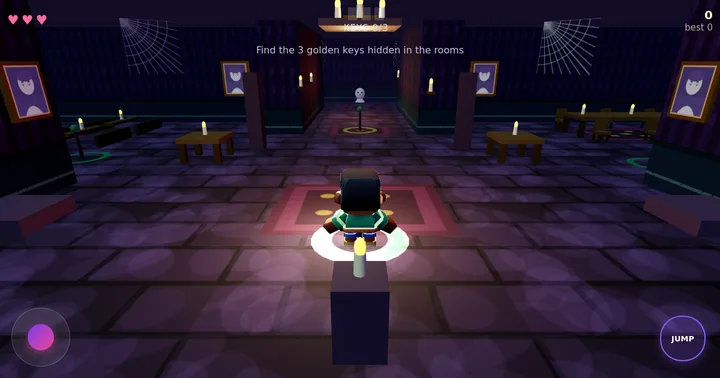 Haunted Mansion Escape: a candle-lit hall with cobwebs, ghost portraits and a friendly ghost, a keys counter, hearts and a jump button