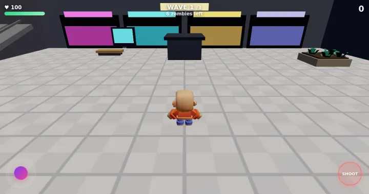 Mall Night: a character in an empty shopping mall at night, with health, a wave counter and a shoot button