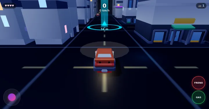 Persecución Nocturna: a red car on a dark city street at night, with brake and gas buttons labelled in Spanish