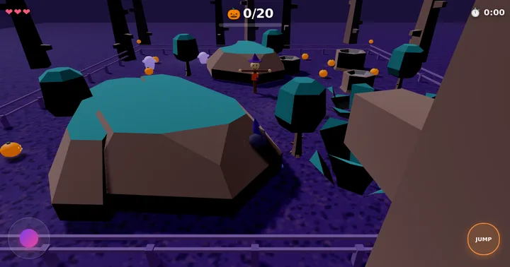 Pumpkin Patch Panic: a night-time pumpkin patch with rocks, trees and glowing pumpkins, a 0 of 20 pumpkin counter, hearts and a jump button