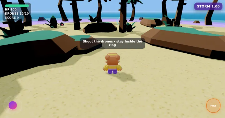 Storm Island: a player on a palm-tree beach, with health, a drone counter and a storm timer