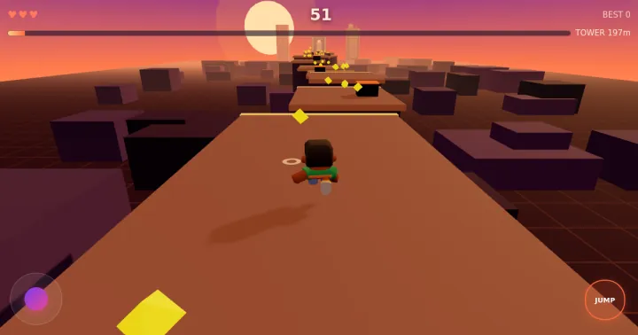 Sunset Rooftop Runner: a blocky runner on an orange rooftop, heading for a tower under a sunset sky, with a jump button